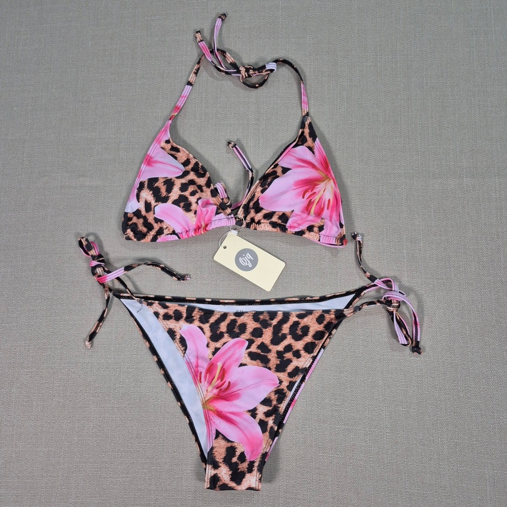 QJQ Bikini Set Pink Floral Leopard Print Triangle Top Side Tie Bottoms L NEW